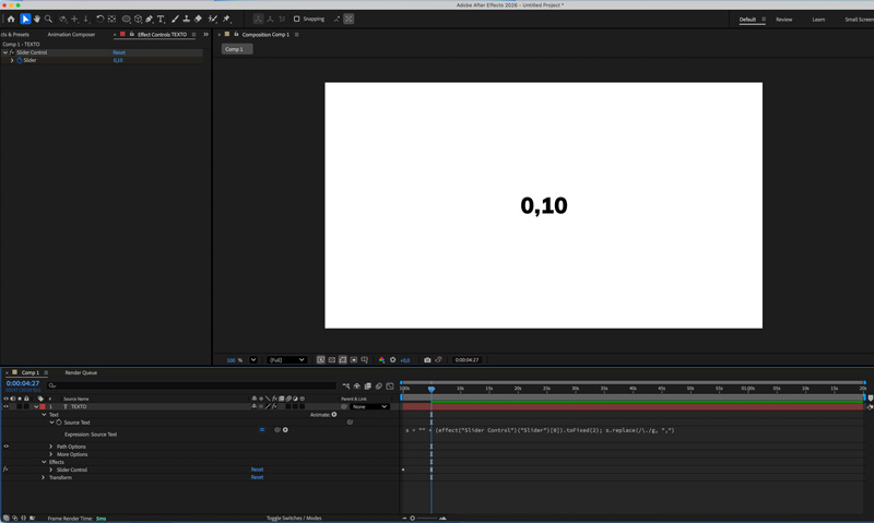 After Effects poner decimales en el contador