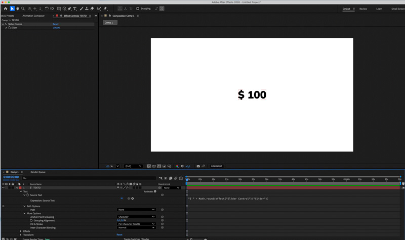 After Effects añadir símbolos al contador delante