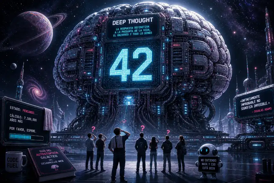 El desarrollo web con IA es como el Motor de Improbabilidad Infinita: pasan cosas aleatorias y, a veces, ¡funcionan! Pero no te limites a flotar por el ciberespacio. Esta guía te enseña a usar la inteligencia artificial con estrategia. No entres en pánico, entiende el problema y aprende a hacer mejores preguntas.